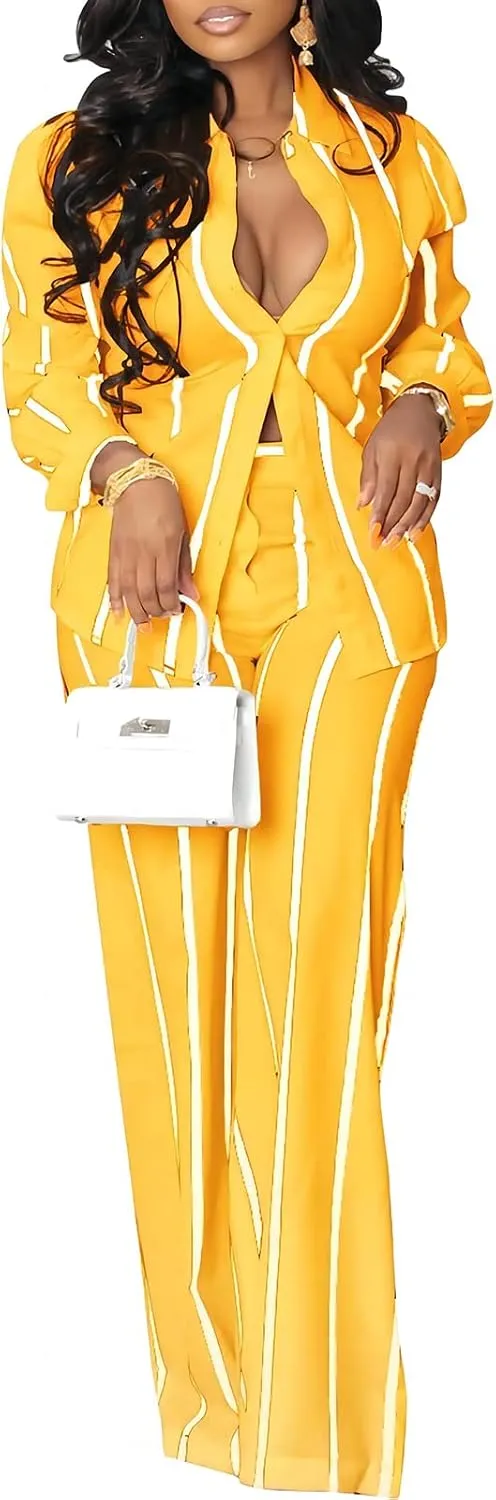 Remelon Women's Casual Two Piece Outfits Striped Long Sleeve Collar Button Down Shirt Blouse High Waist Wide Leg Pants Sets