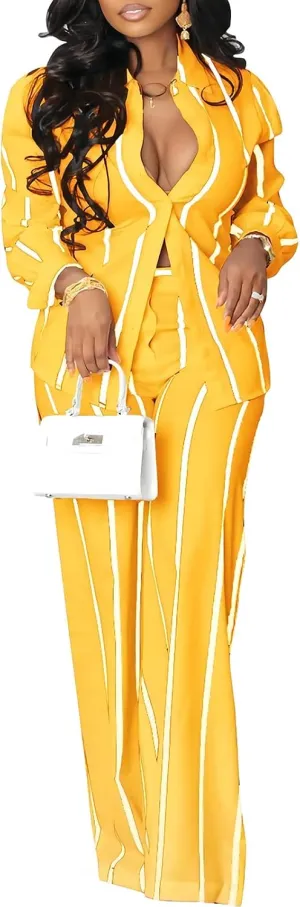 Remelon Women's Casual Two Piece Outfits Striped Long Sleeve Collar Button Down Shirt Blouse High Waist Wide Leg Pants Sets