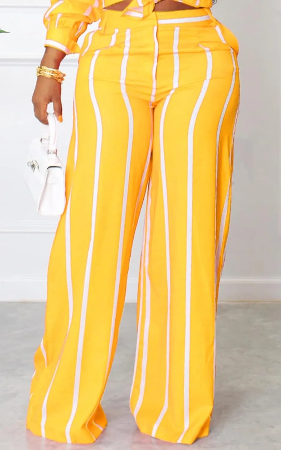 Remelon Women's Casual Two Piece Outfits Striped Long Sleeve Collar Button Down Shirt Blouse High Waist Wide Leg Pants Sets