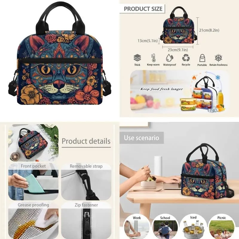 Retro Bohemia Floral Cat 17in School Backpack Set 3 Pieces Ethnic Tribal Aztec Cat Vintage Lightweight Teen Bookbags School Bag with Pencil Case & Lunch Pack