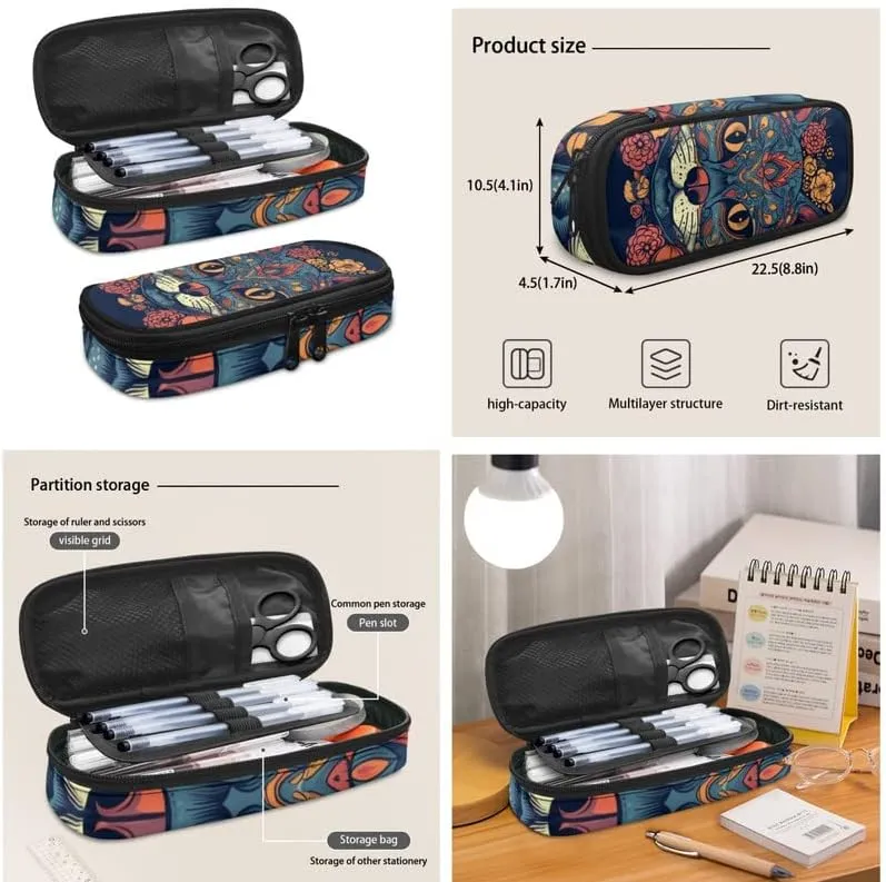 Retro Bohemia Floral Cat 17in School Backpack Set 3 Pieces Ethnic Tribal Aztec Cat Vintage Lightweight Teen Bookbags School Bag with Pencil Case & Lunch Pack