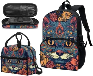 Retro Bohemia Floral Cat 17in School Backpack Set 3 Pieces Ethnic Tribal Aztec Cat Vintage Lightweight Teen Bookbags School Bag with Pencil Case & Lunch Pack