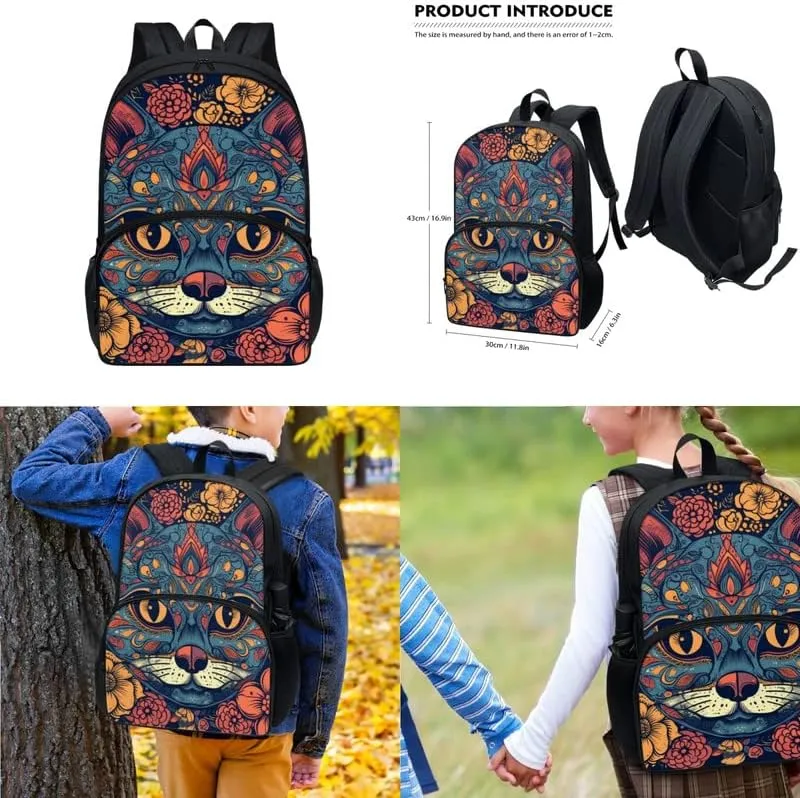 Retro Bohemia Floral Cat 17in School Backpack Set 3 Pieces Ethnic Tribal Aztec Cat Vintage Lightweight Teen Bookbags School Bag with Pencil Case & Lunch Pack
