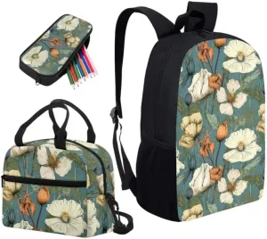 Retro Floral Print Backpack Shoulder Lunch Bag and Pen Case Bag Set Vintage Flower Painting 3 Pcs Travel Laptop Backpack Fit for Gifts for Men & Women, Green