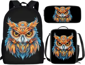 Retro Kids Backpack Sets With Lunch Box Pencil Case African Aztec Owl Print 17 Inch School Bag For Elementary Middle