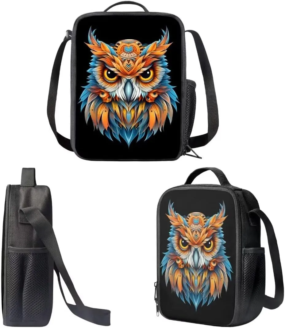 Retro Kids Backpack Sets With Lunch Box Pencil Case African Aztec Owl Print 17 Inch School Bag For Elementary Middle
