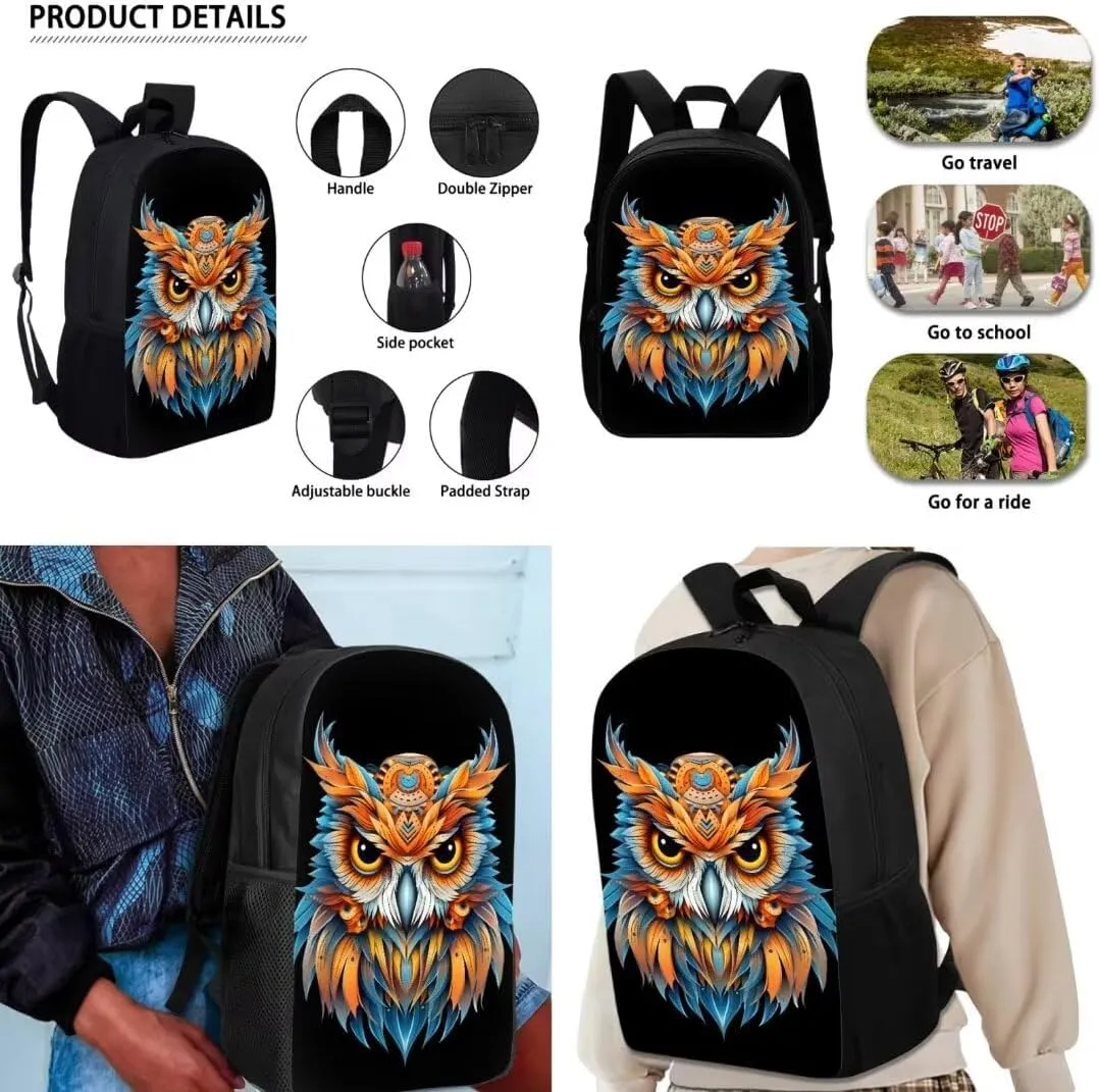 Retro Kids Backpack Sets With Lunch Box Pencil Case African Aztec Owl Print 17 Inch School Bag For Elementary Middle