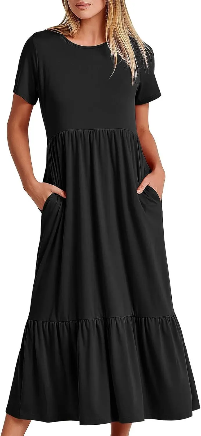 Ruffle Hem Maxi Dress for Women Crewneck Short Sleeve T Shirt Dresses Casual Summer Long Dress Plain Sundress