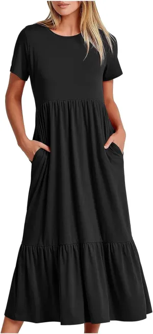 Ruffle Hem Maxi Dress for Women Crewneck Short Sleeve T Shirt Dresses Casual Summer Long Dress Plain Sundress