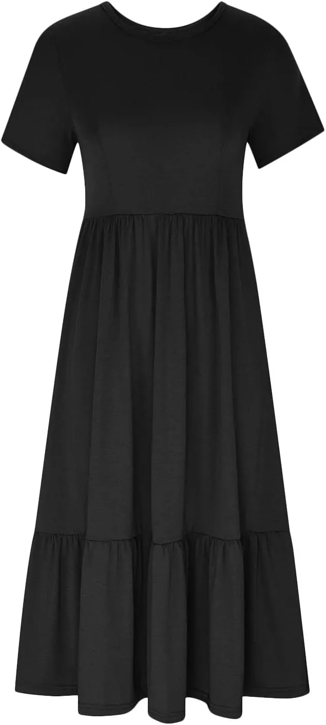 Ruffle Hem Maxi Dress for Women Crewneck Short Sleeve T Shirt Dresses Casual Summer Long Dress Plain Sundress