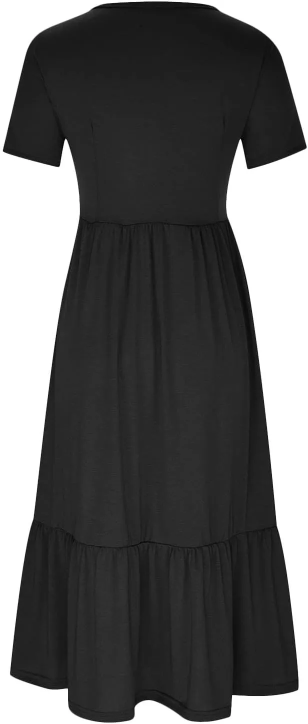 Ruffle Hem Maxi Dress for Women Crewneck Short Sleeve T Shirt Dresses Casual Summer Long Dress Plain Sundress