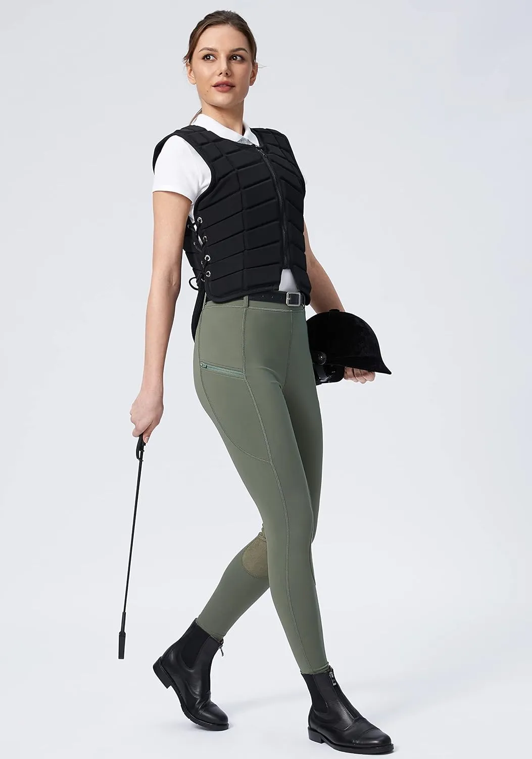 SANTINY Women's Horse Riding Pants with Zipper Pockets Knee-Patch Schooling Tights Equestrian Breeches for Women