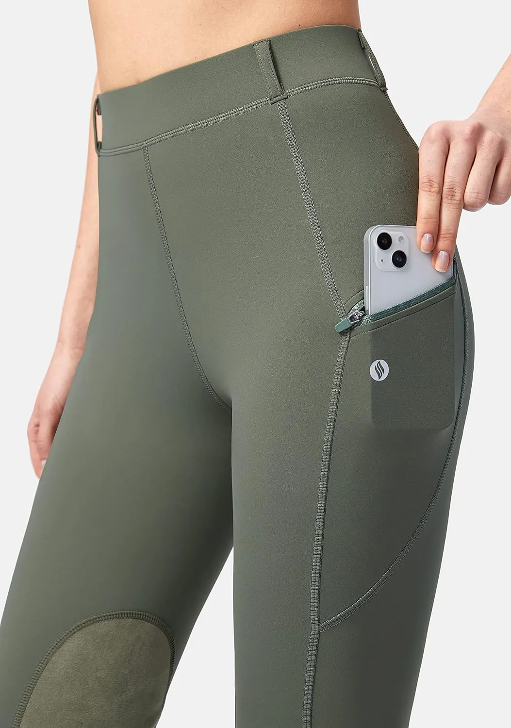 SANTINY Women's Horse Riding Pants with Zipper Pockets Knee-Patch Schooling Tights Equestrian Breeches for Women