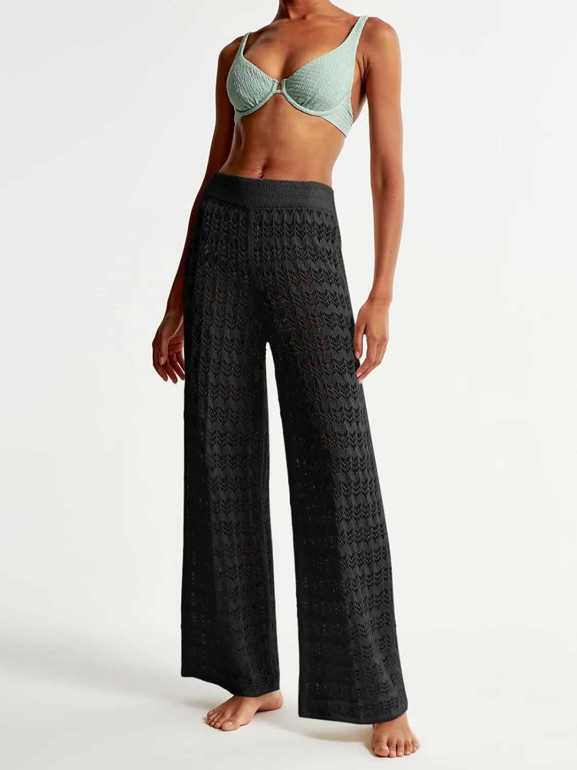 Saodimallsu Womens Crochet Cover Up Pants Sheer Mesh High Waist Sexy Casual Knit Summer Swimsuit Coverup Beach Pants