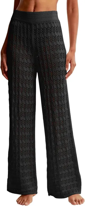 Saodimallsu Womens Crochet Cover Up Pants Sheer Mesh High Waist Sexy Casual Knit Summer Swimsuit Coverup Beach Pants
