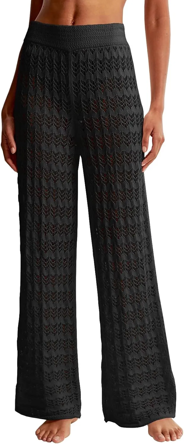 Saodimallsu Womens Crochet Cover Up Pants Sheer Mesh High Waist Sexy Casual Knit Summer Swimsuit Coverup Beach Pants