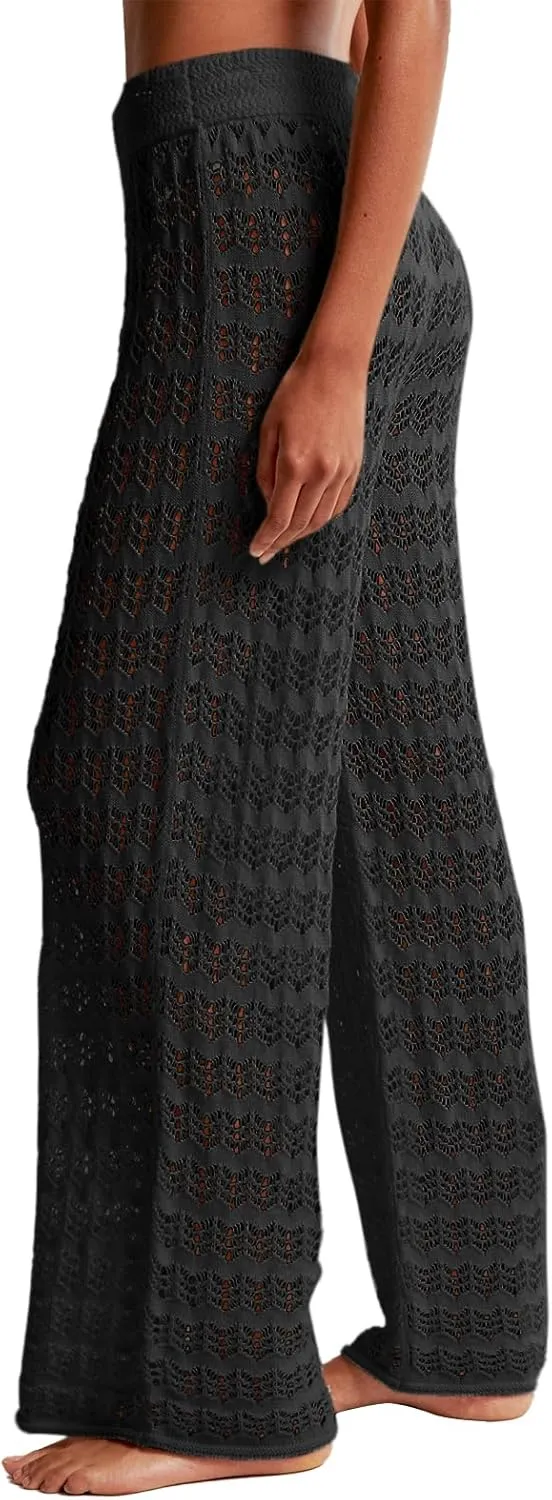 Saodimallsu Womens Crochet Cover Up Pants Sheer Mesh High Waist Sexy Casual Knit Summer Swimsuit Coverup Beach Pants