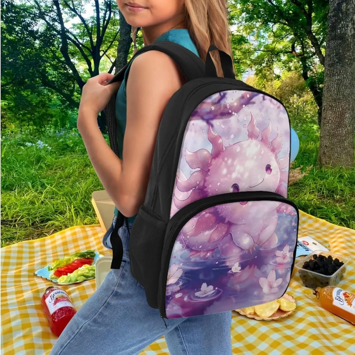 School Backpack for Girls Book Bag Axolotl School Bags for Kids Pencil Case Preschool Backpack with Lunch Box Compartment Toddler Backpacks for Kindergarten Elementary School