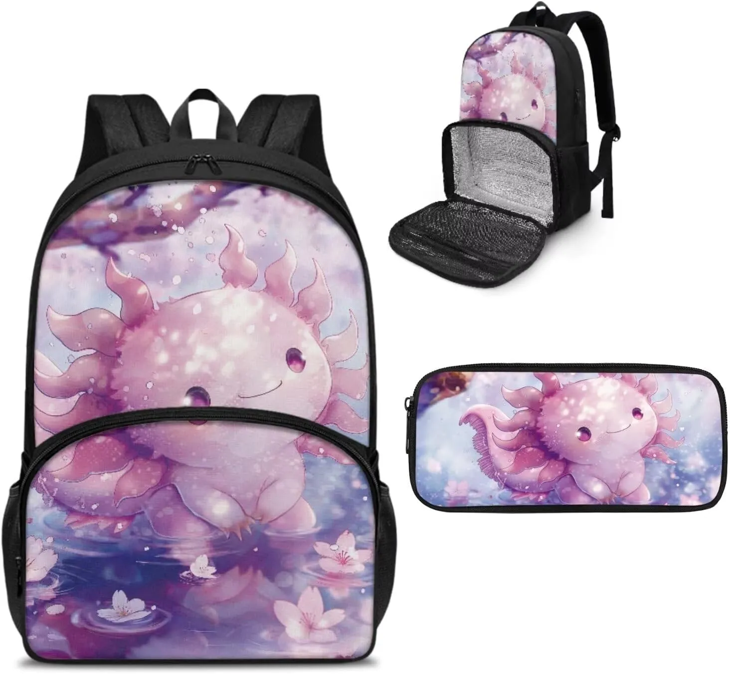 School Backpack for Girls Book Bag Axolotl School Bags for Kids Pencil Case Preschool Backpack with Lunch Box Compartment Toddler Backpacks for Kindergarten Elementary School