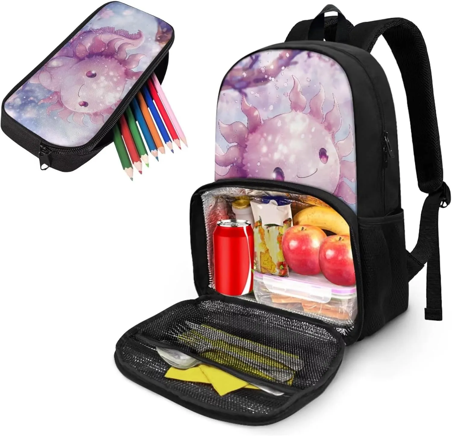 School Backpack for Girls Book Bag Axolotl School Bags for Kids Pencil Case Preschool Backpack with Lunch Box Compartment Toddler Backpacks for Kindergarten Elementary School