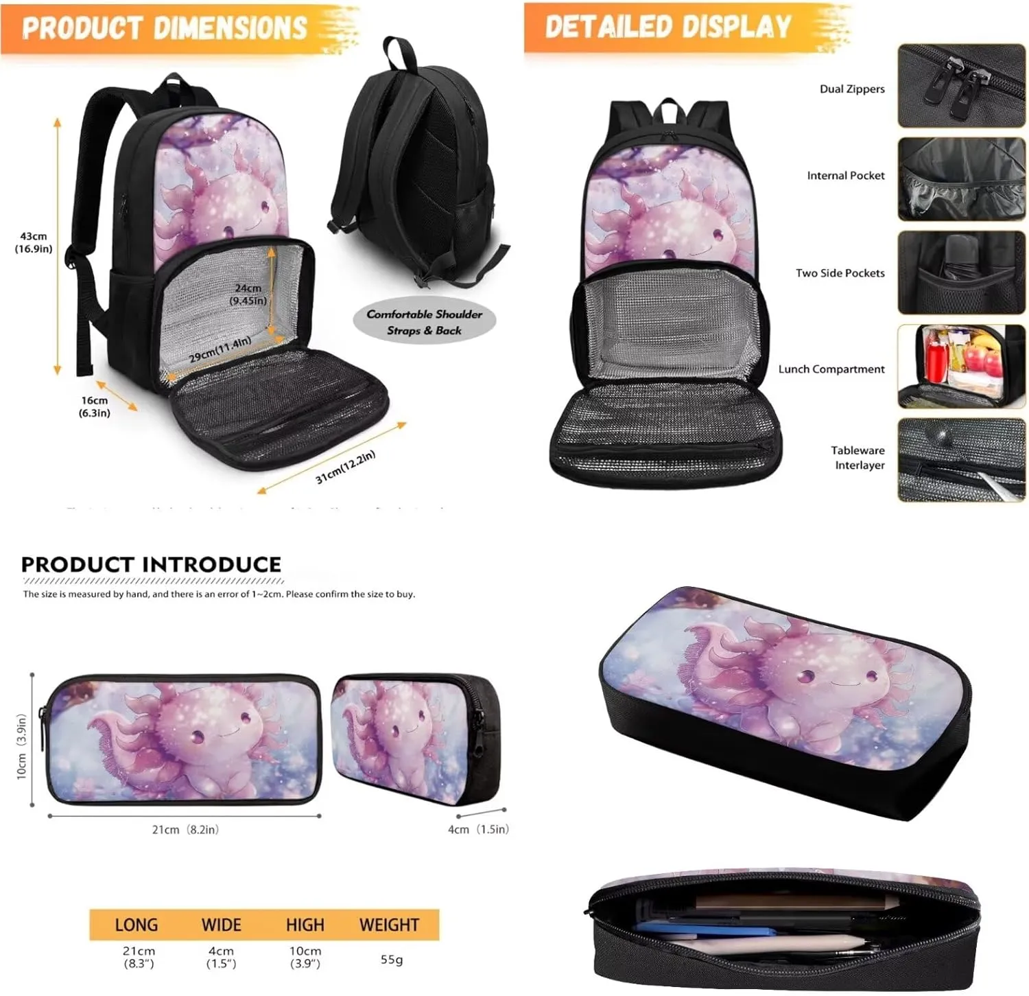 School Backpack for Girls Book Bag Axolotl School Bags for Kids Pencil Case Preschool Backpack with Lunch Box Compartment Toddler Backpacks for Kindergarten Elementary School