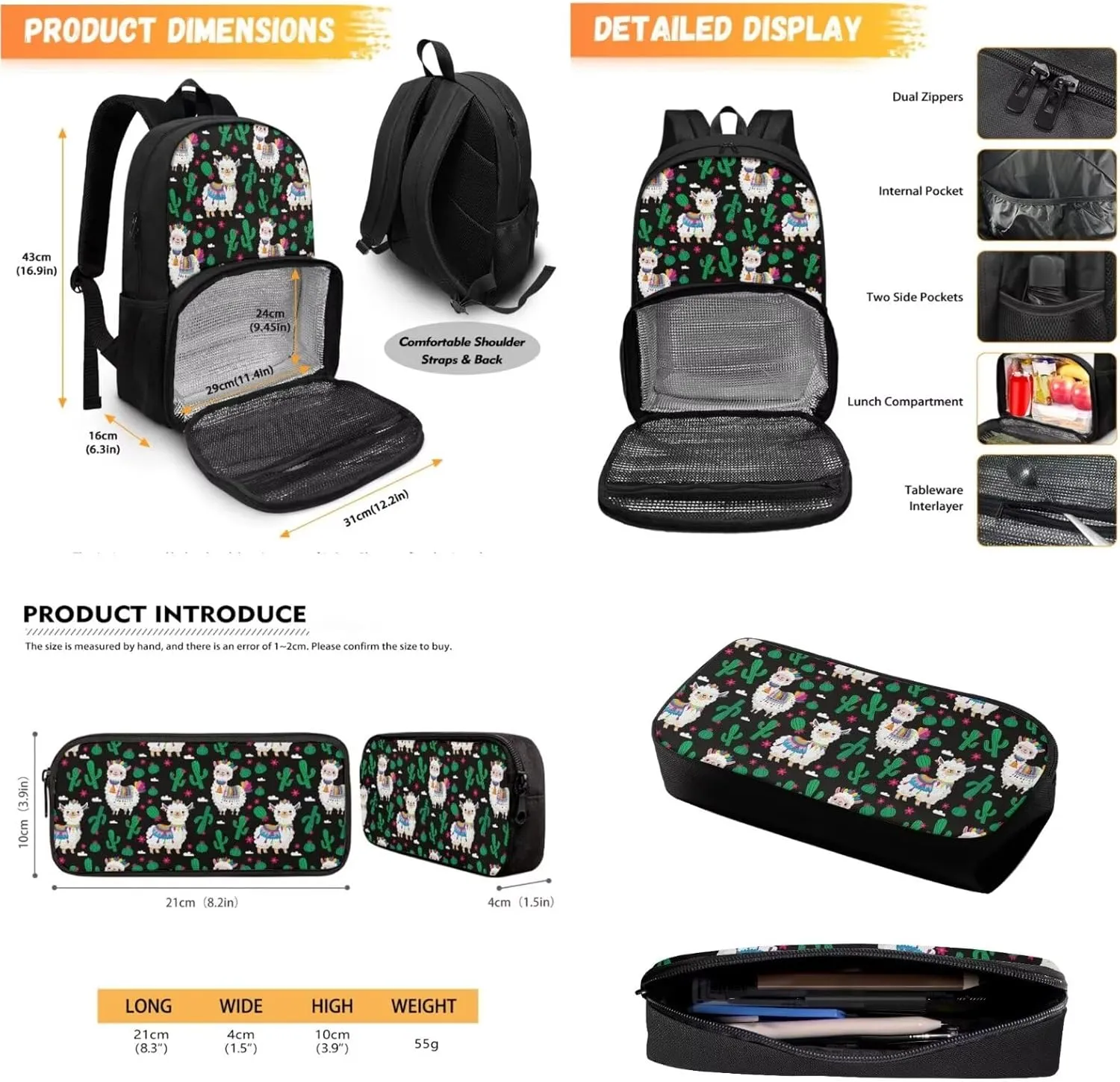 School Backpack for Kids Bookbag Insulated Cooler Backpacks with Lunch Box and Pencil Case Reusable Water Resistant Tote Food Bag for College Camping Picnics, Cactus Alpaca