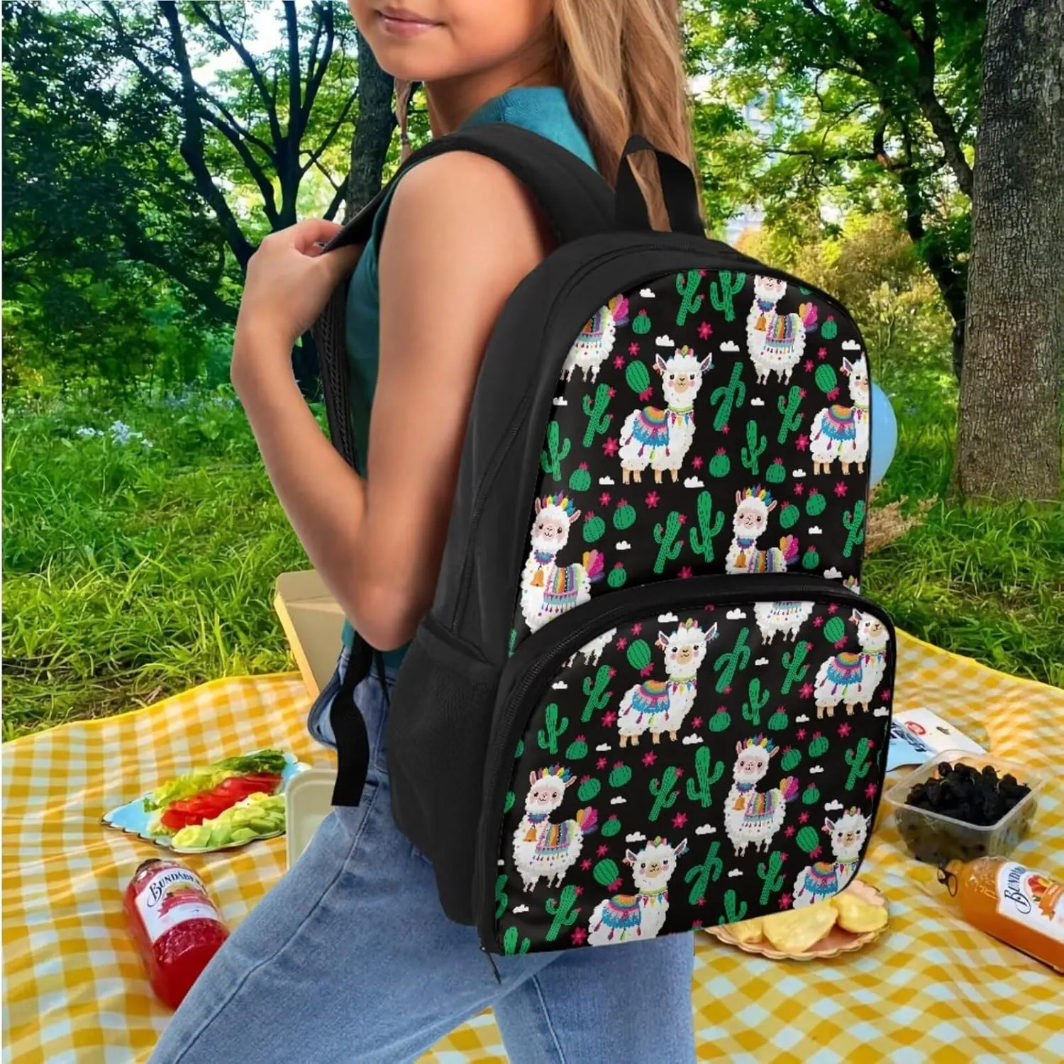 School Backpack for Kids Bookbag Insulated Cooler Backpacks with Lunch Box and Pencil Case Reusable Water Resistant Tote Food Bag for College Camping Picnics, Cactus Alpaca