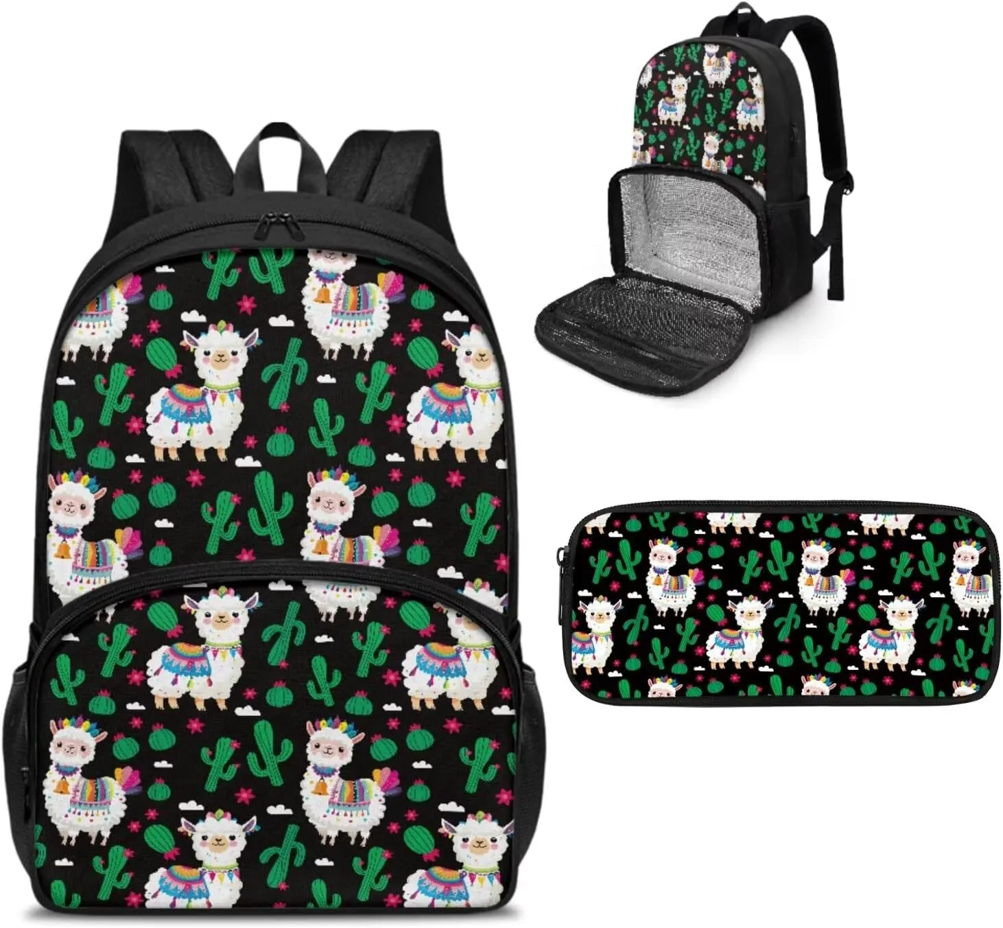 School Backpack for Kids Bookbag Insulated Cooler Backpacks with Lunch Box and Pencil Case Reusable Water Resistant Tote Food Bag for College Camping Picnics, Cactus Alpaca