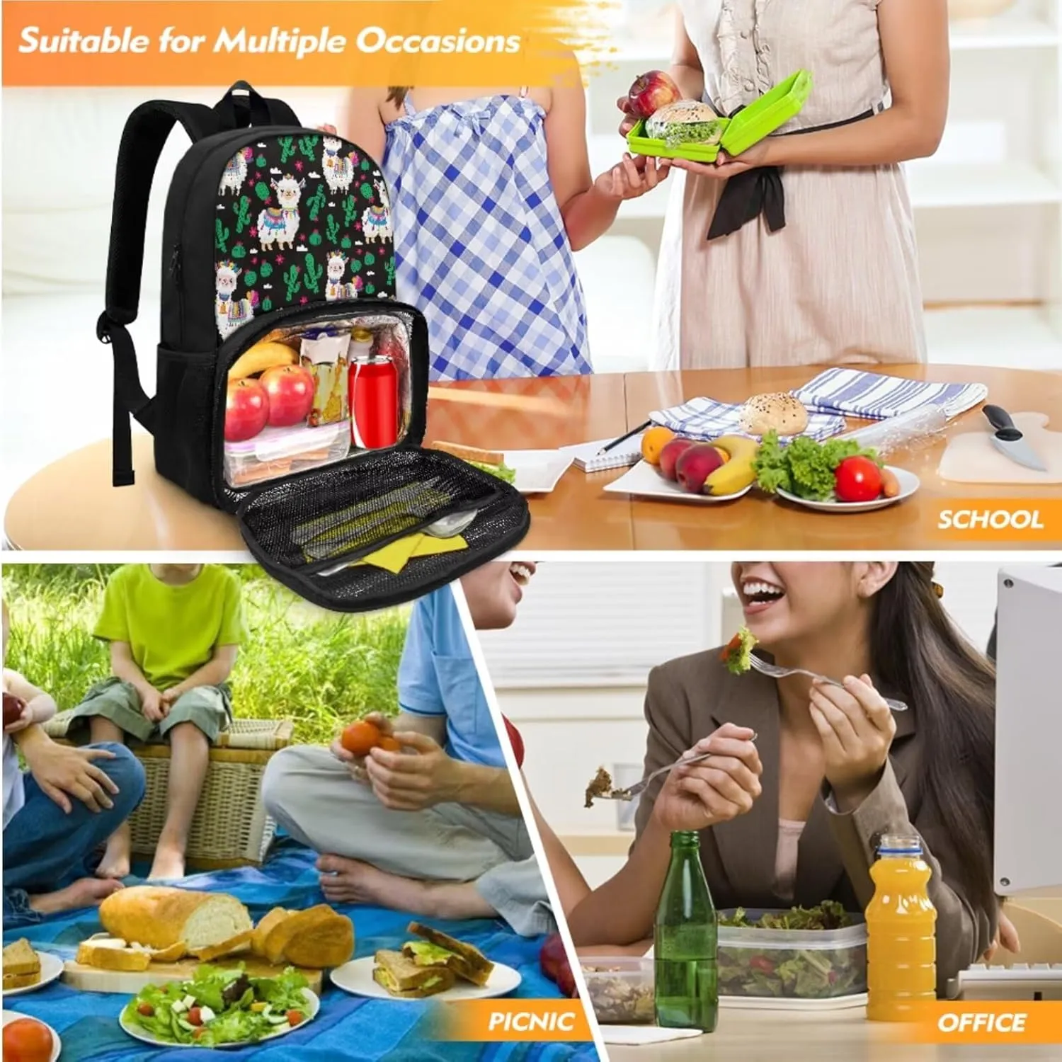 School Backpack for Kids Bookbag Insulated Cooler Backpacks with Lunch Box and Pencil Case Reusable Water Resistant Tote Food Bag for College Camping Picnics, Cactus Alpaca