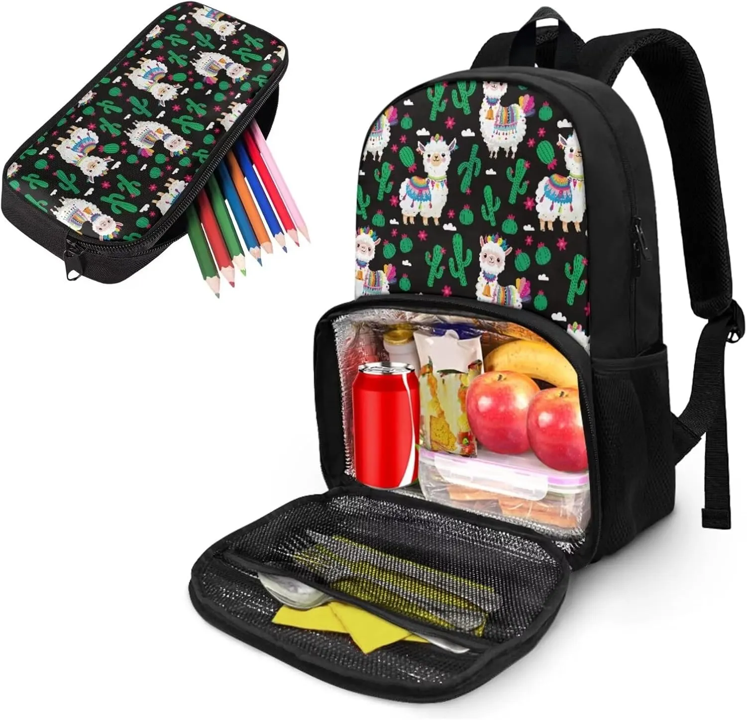 School Backpack for Kids Bookbag Insulated Cooler Backpacks with Lunch Box and Pencil Case Reusable Water Resistant Tote Food Bag for College Camping Picnics, Cactus Alpaca