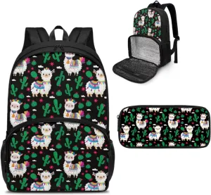 School Backpack for Kids Bookbag Insulated Cooler Backpacks with Lunch Box and Pencil Case Reusable Water Resistant Tote Food Bag for College Camping Picnics, Cactus Alpaca