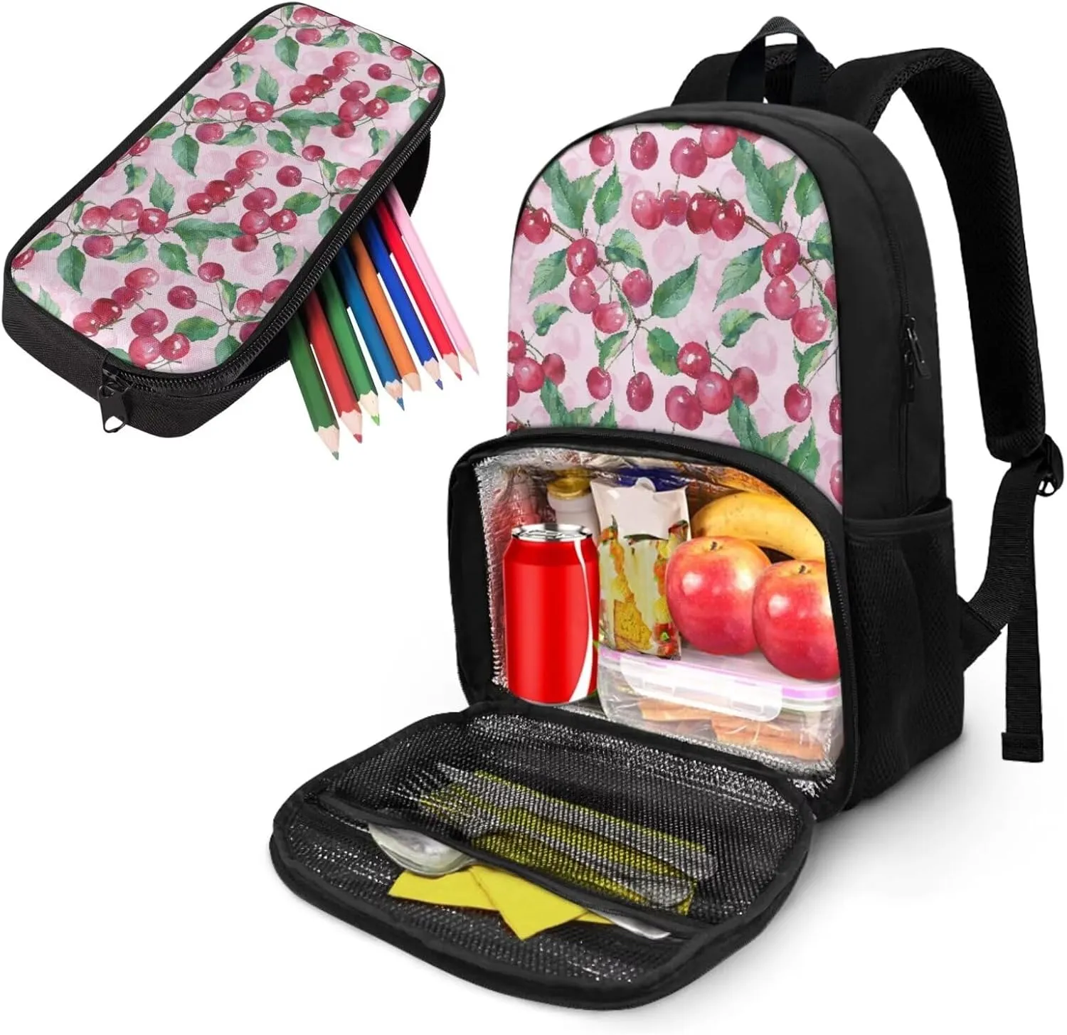 School Backpack for Kids Laptop Insulated Lunch Rucksack with Cooler Compartment Boys Girls Bookbags Travel Rucksack, Pink Cherry