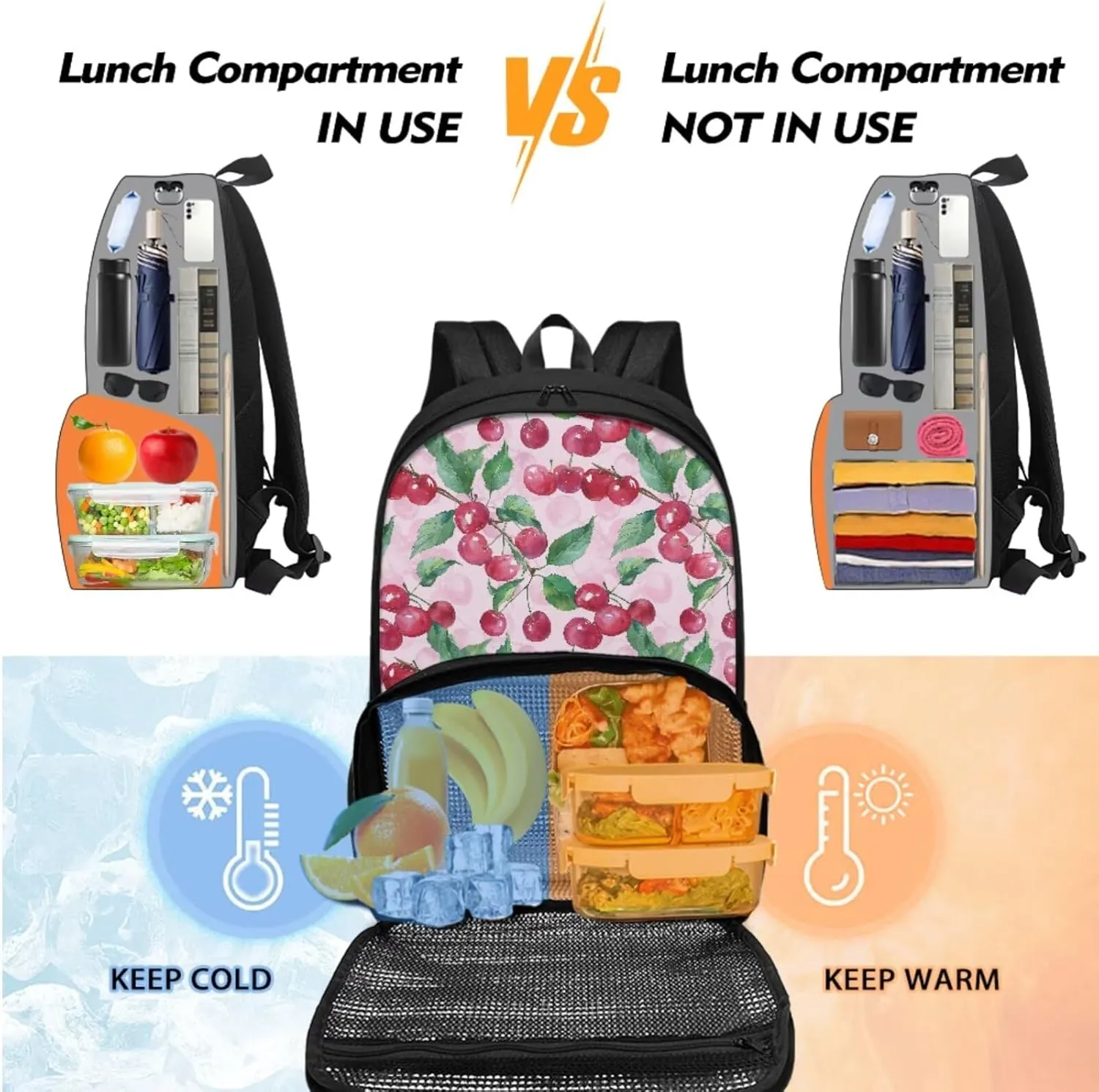 School Backpack for Kids Laptop Insulated Lunch Rucksack with Cooler Compartment Boys Girls Bookbags Travel Rucksack, Pink Cherry