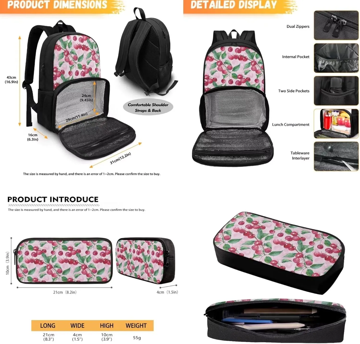 School Backpack for Kids Laptop Insulated Lunch Rucksack with Cooler Compartment Boys Girls Bookbags Travel Rucksack, Pink Cherry