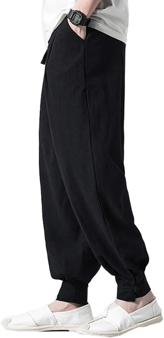 Seidarise Men's Linen Harem Pants Casual Baggy Cotton Solid Color Loose Frog Button Elastic Waist Pocket
