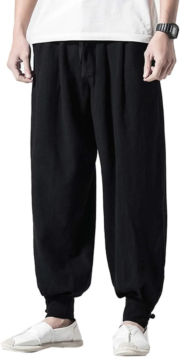 Seidarise Men's Linen Harem Pants Casual Baggy Cotton Solid Color Loose Frog Button Elastic Waist Pocket