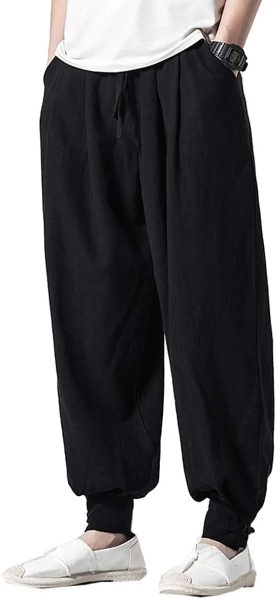 Seidarise Men's Linen Harem Pants Casual Baggy Cotton Solid Color Loose Frog Button Elastic Waist Pocket