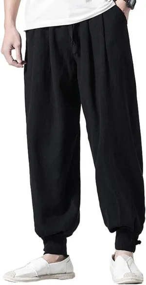 Seidarise Men's Linen Harem Pants Casual Baggy Cotton Solid Color Loose Frog Button Elastic Waist Pocket