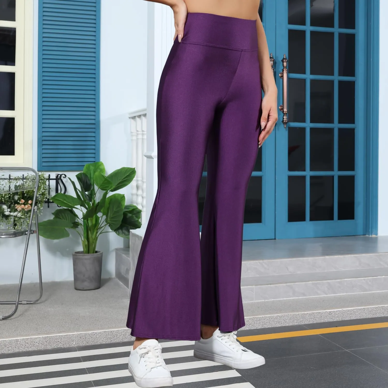 Sghenr Women's Shiny High Waisted Flare Yoga Pants Tummy Control Wide Leg Casual Workout Leggings