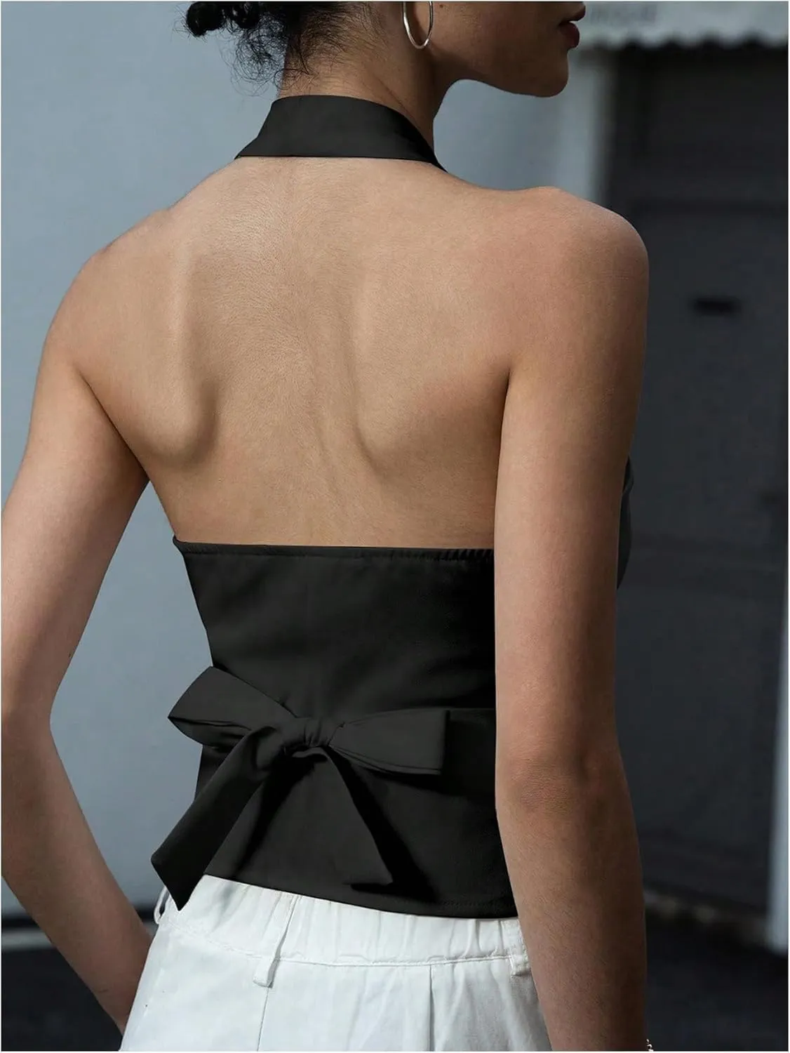 SHENHE Women's Backless Halter Crop Vest Button Up V Neck Dressy Going Out Suit Vest Top