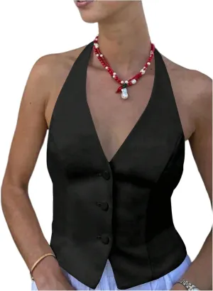 SHENHE Women's Backless Halter Crop Vest Button Up V Neck Dressy Going Out Suit Vest Top