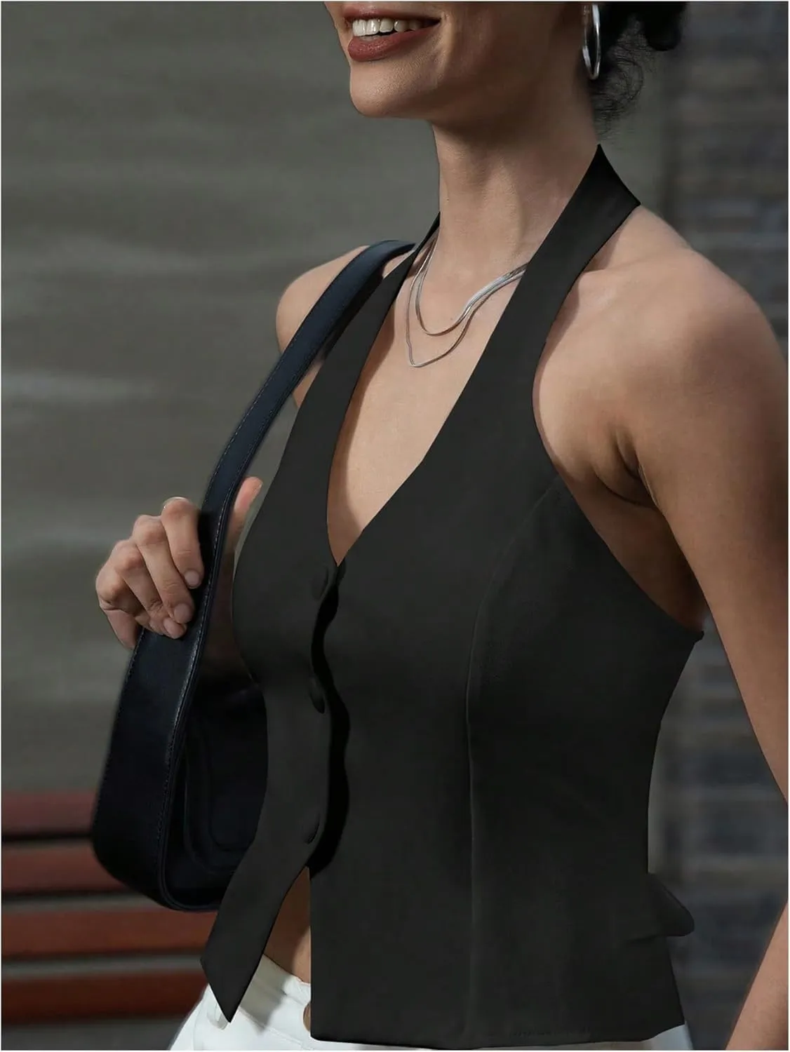 SHENHE Women's Backless Halter Crop Vest Button Up V Neck Dressy Going Out Suit Vest Top