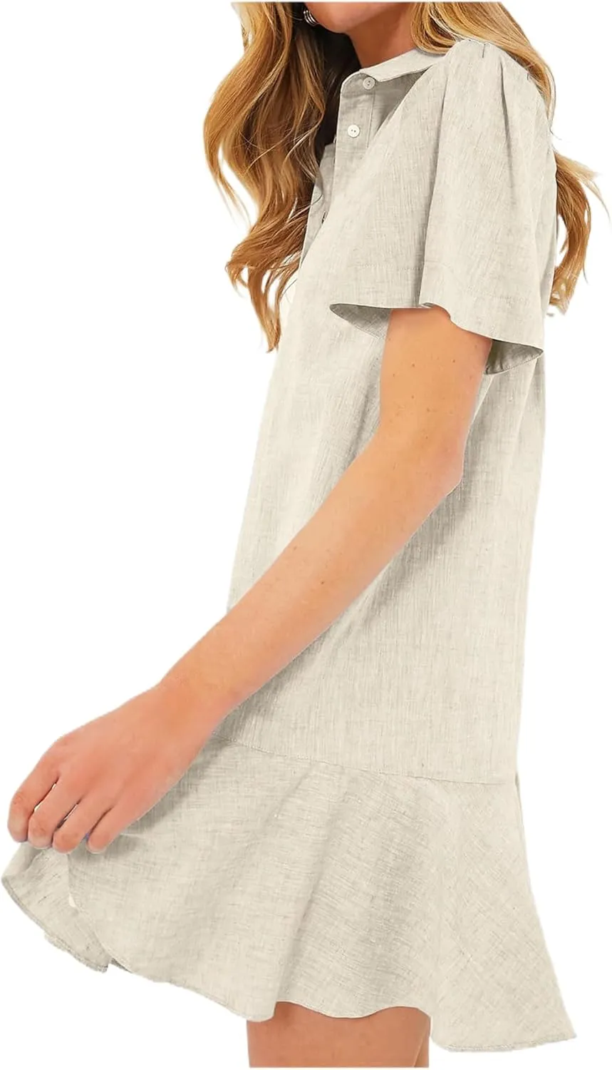 Shirt Dresses for Women Casual Short Sleeve Cotton Linen Mini Dresses Fashion V Neck Button Up Ruffle Hem Shift Dress
