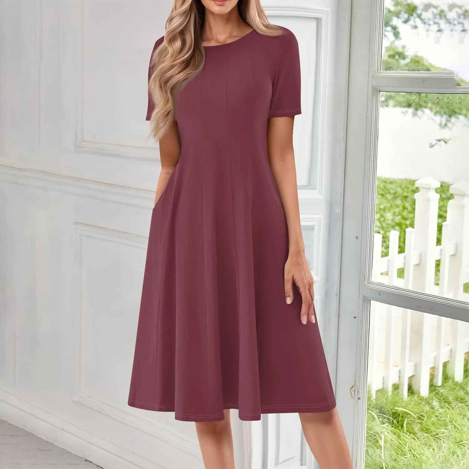 Spring Dresses for Women 2025 Cinched Waist Short Sleeve with Side Pocket Vacation Dress Baggy Midi Crewneck Dress
