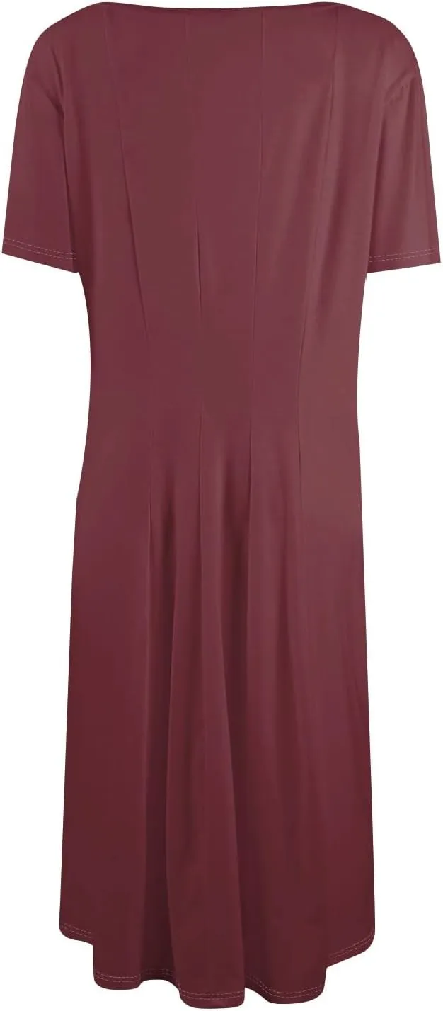 Spring Dresses for Women 2025 Cinched Waist Short Sleeve with Side Pocket Vacation Dress Baggy Midi Crewneck Dress