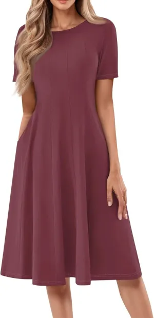 Spring Dresses for Women 2025 Cinched Waist Short Sleeve with Side Pocket Vacation Dress Baggy Midi Crewneck Dress