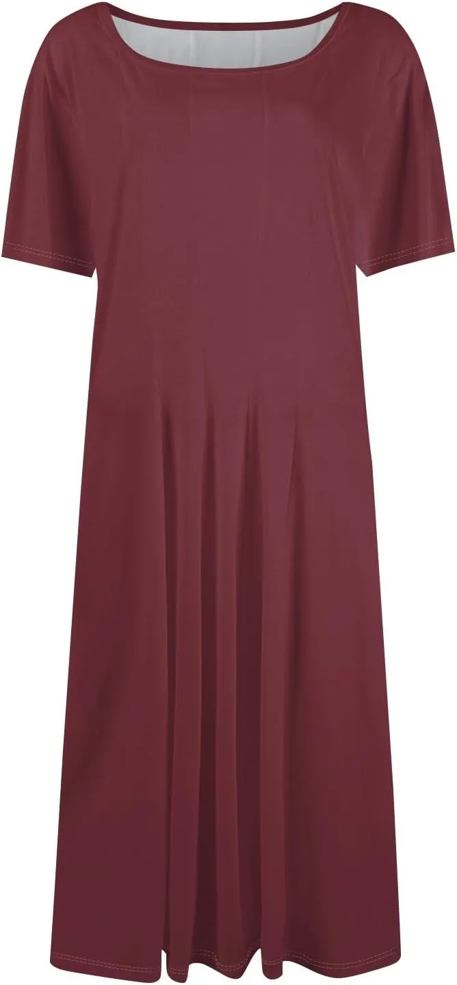 Spring Dresses for Women 2025 Cinched Waist Short Sleeve with Side Pocket Vacation Dress Baggy Midi Crewneck Dress