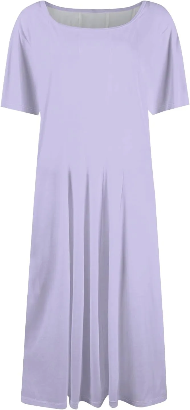Spring Dresses for Women 2025 Cinched Waist Short Sleeve with Side Pocket Women Dress Plus Size Midi Crewneck Dress