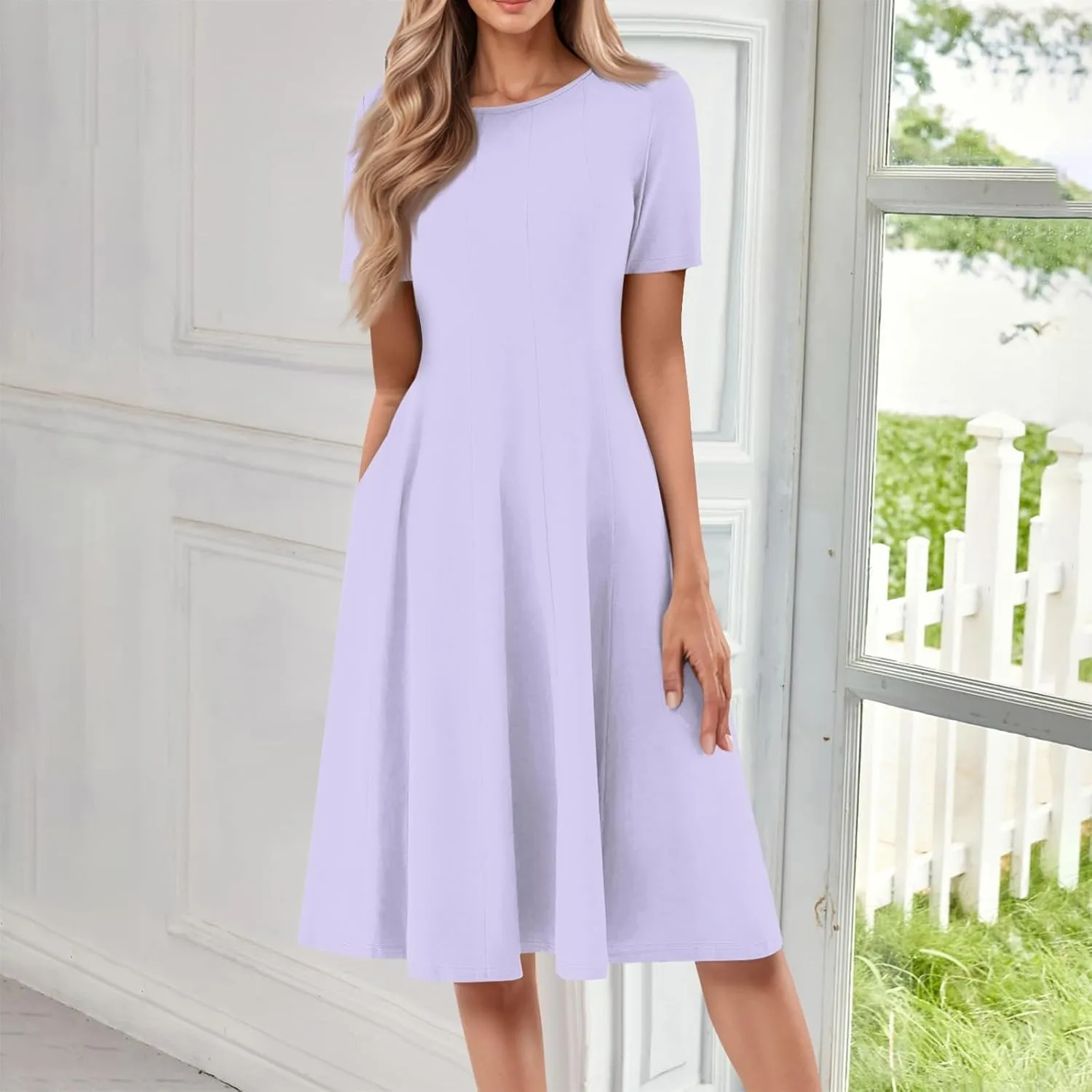 Spring Dresses for Women 2025 Cinched Waist Short Sleeve with Side Pocket Women Dress Plus Size Midi Crewneck Dress