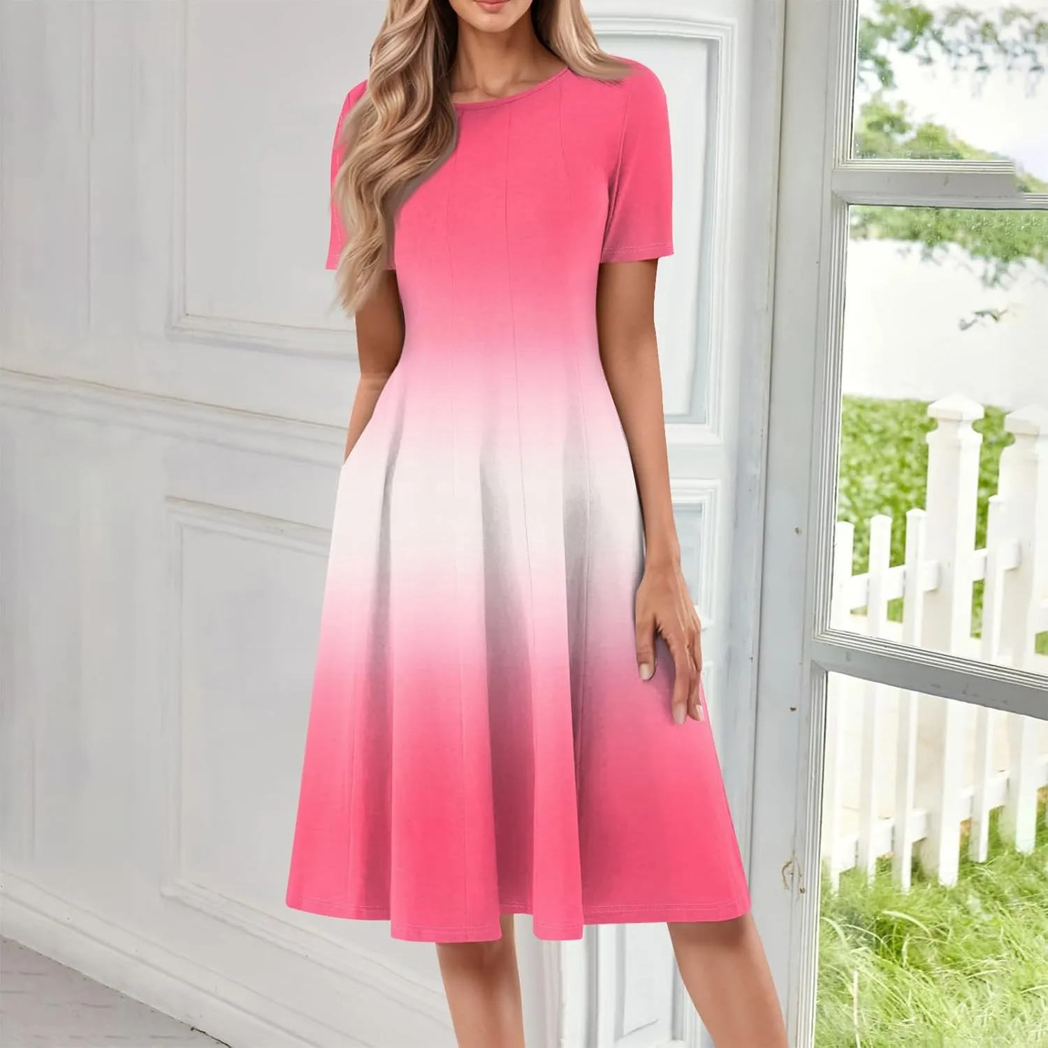 Spring Dresses for Women 2025 Cinched Waist Short Sleeve with Side Pocket Womens Dress Flowy Midi Scoop Neck Dress